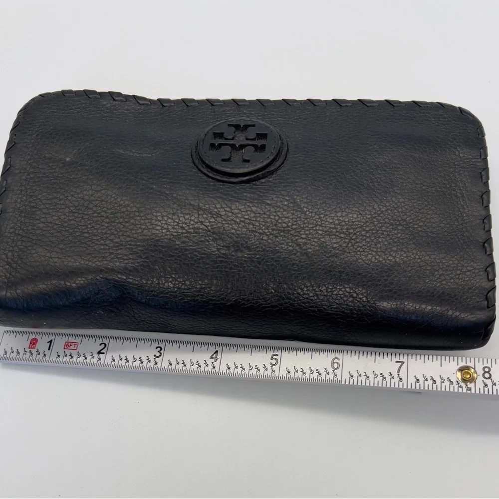 Tory Burch Black Leather Zip-Around Wallet with Whipstitch Detail